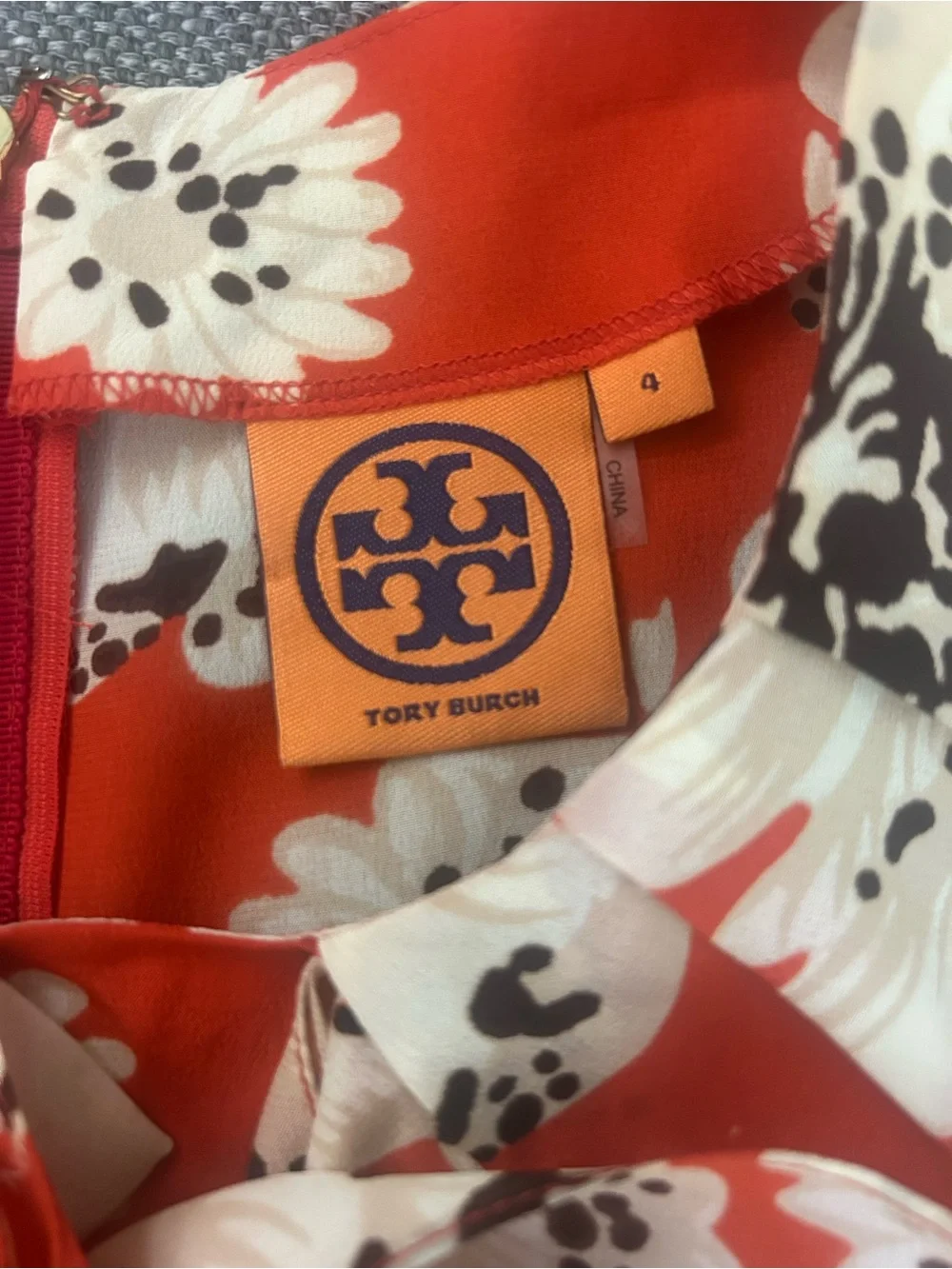 Tory Burch Orange Floral Sleeveless Tie-Neck Top 100% silk